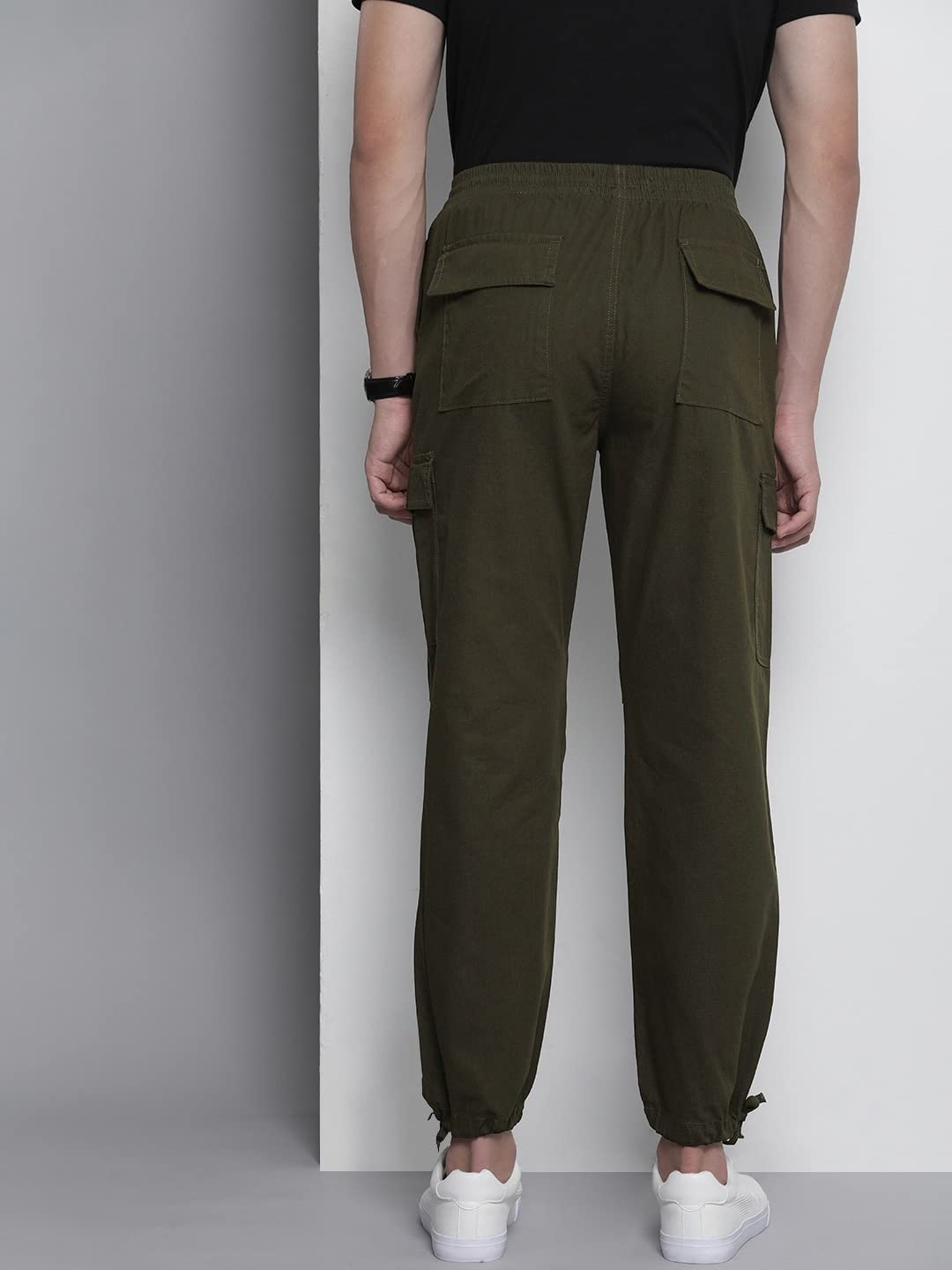 The Indian Garage Co Men Relaxed Fit Solid Mid-Rise Elasticated Cargos Dark Olive