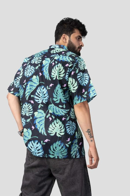 Brown Culture MenS Cotton Blend Leaf Print Shirt With Spread Collared Half Sleeves Standard Length And Button Down Closure Type