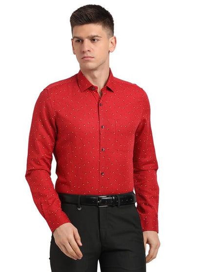 Turtle Men Red Cotton Linen Printed Slim Fit Shirts