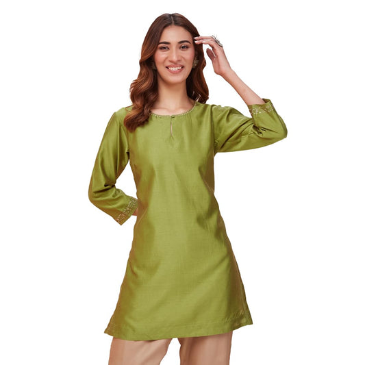 Fabindia Women's Cotton Silk Embroidered Slim Kurta