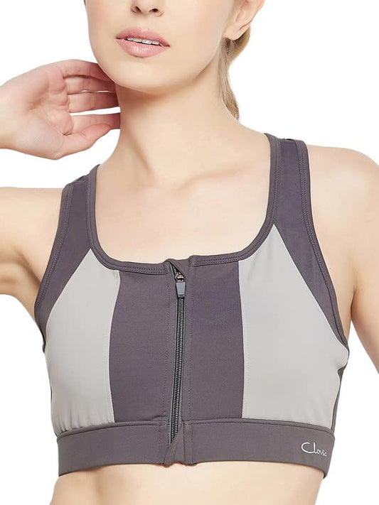 Clovia Polyester Womens Medium Impact Padded Colourblocked Racerback Sports Bra with Front Zipper (Brs051P05_Grey_S)