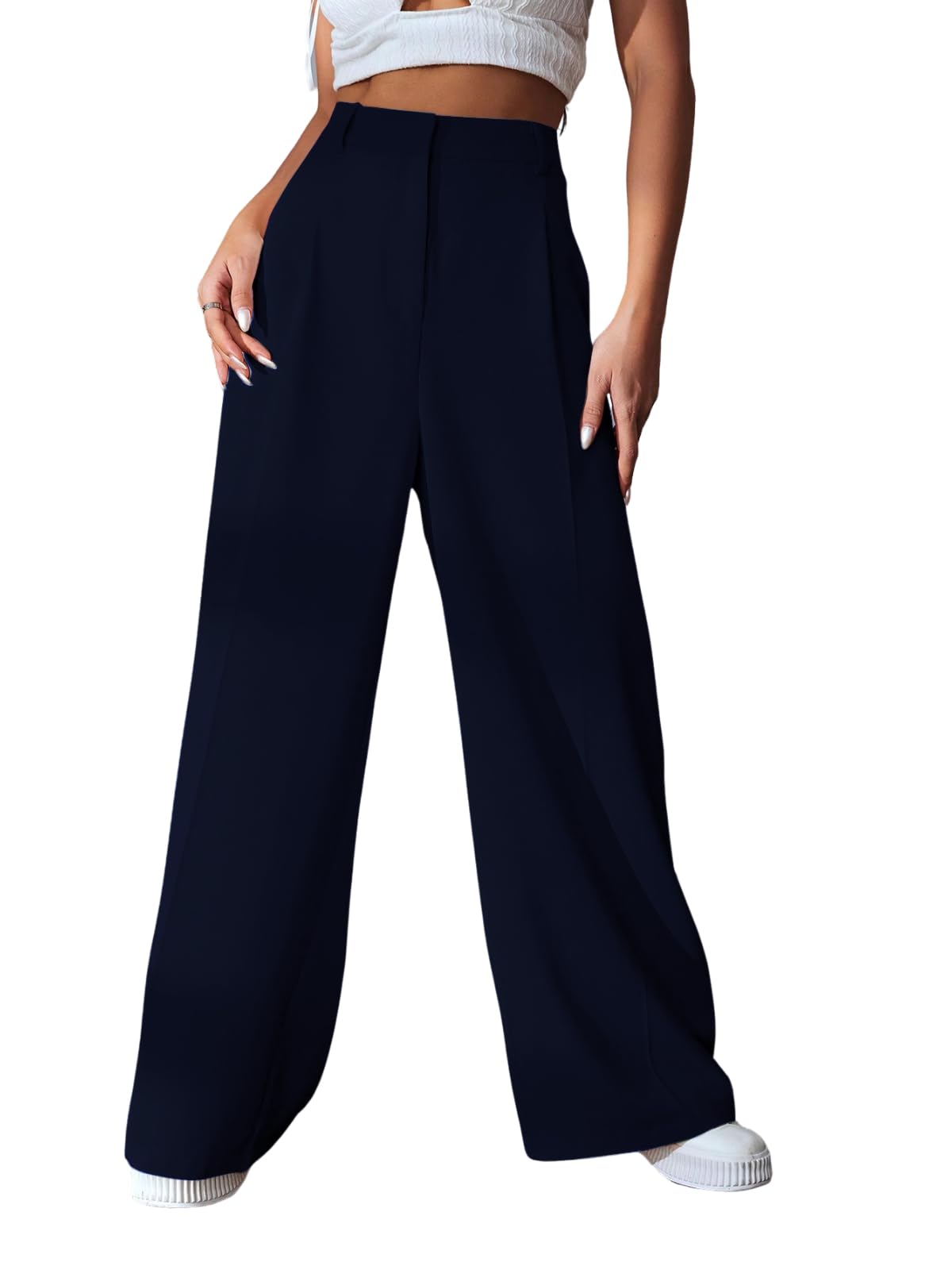 Greciilooks High Waist Trousers For Women  Flared Korean Style Formal Pants | Elegant Workwear For Office, College & Events Blue