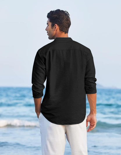 Macsivo MenS Cotton Polyester Henley Short Kurta With Mandarin Collar Long Sleeeve Button Closure Curved Hem Regular Fit | Kurt