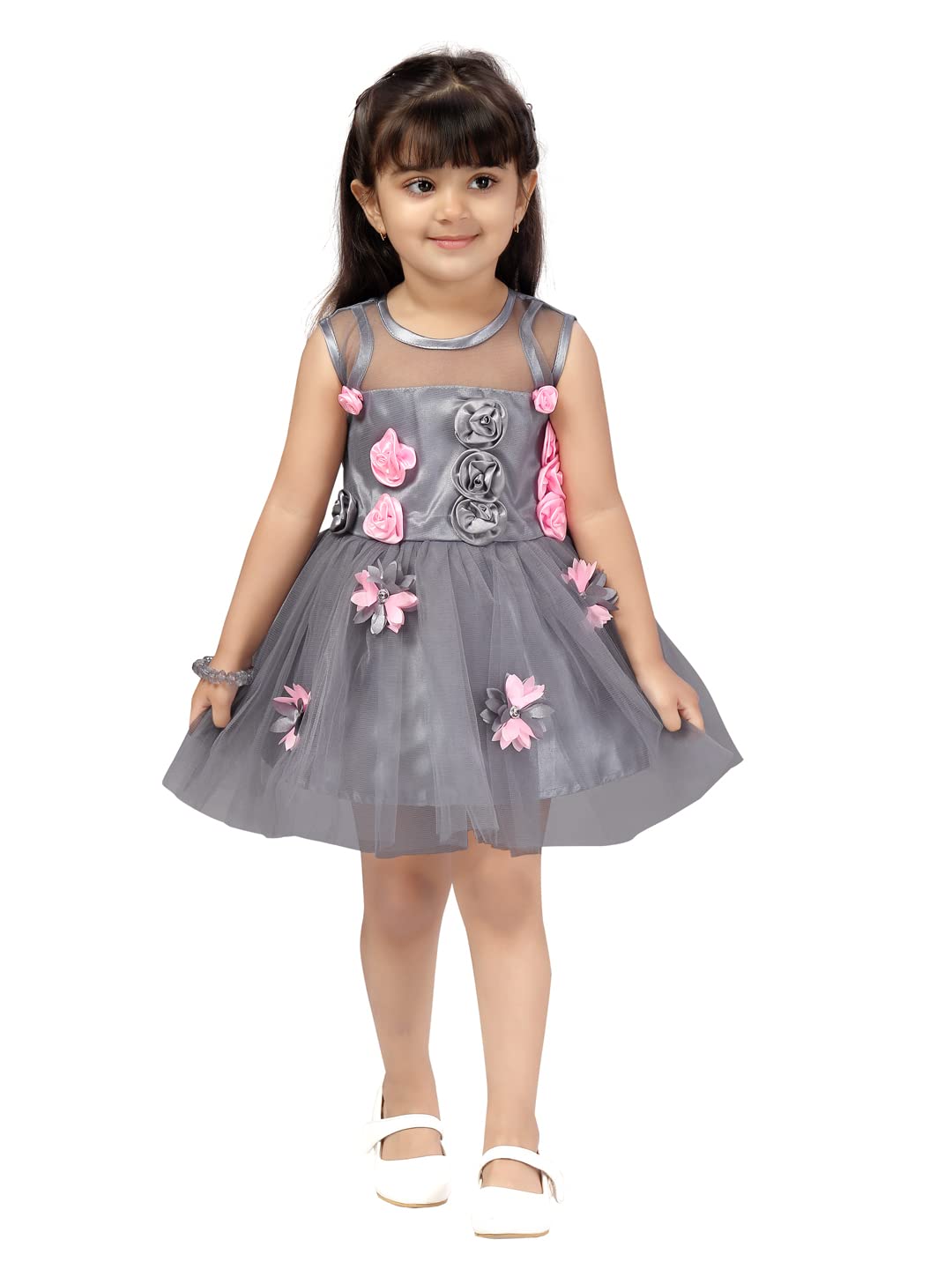 Aarika Girls Fit And Flare Regular fit Net Frock(FK-AG-02-Grey-18)