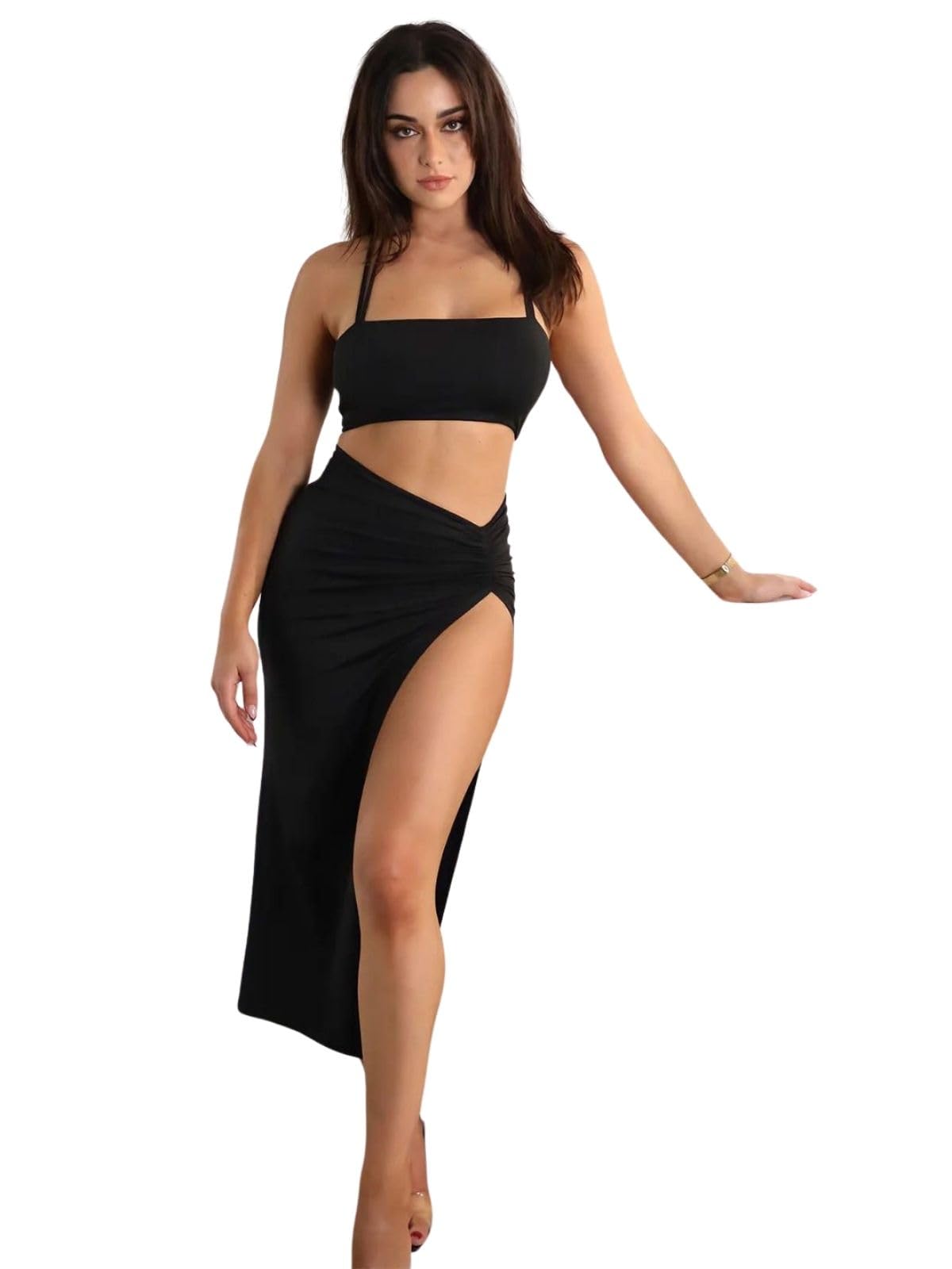 Greciilooks WomenS Poly Lycra Blend Solid Regular Western Co Set (Gl-W.Co-Ord Set-W2297&Sk529_Black