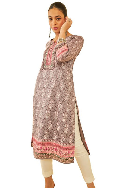 Soch Womens Earth Cotton Ethnic Motif Printed Kurta with Thread Work