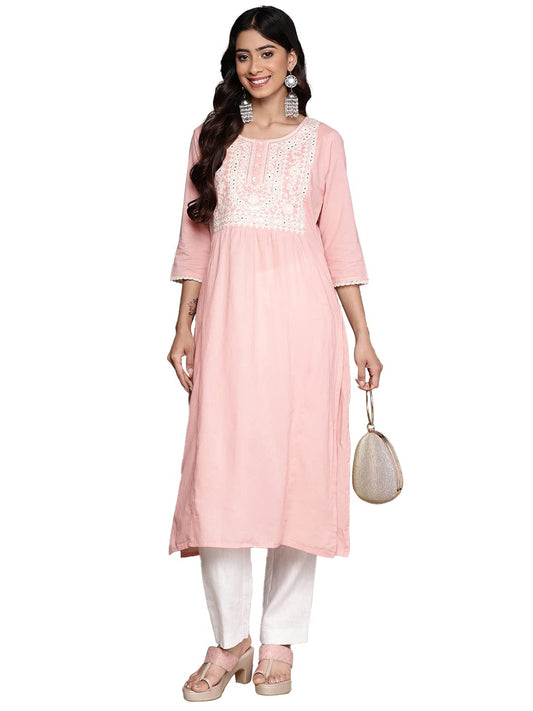 anubhutee Women's Pure Cotton Ethnic Motifs Pink Embroidered Straight Kurta