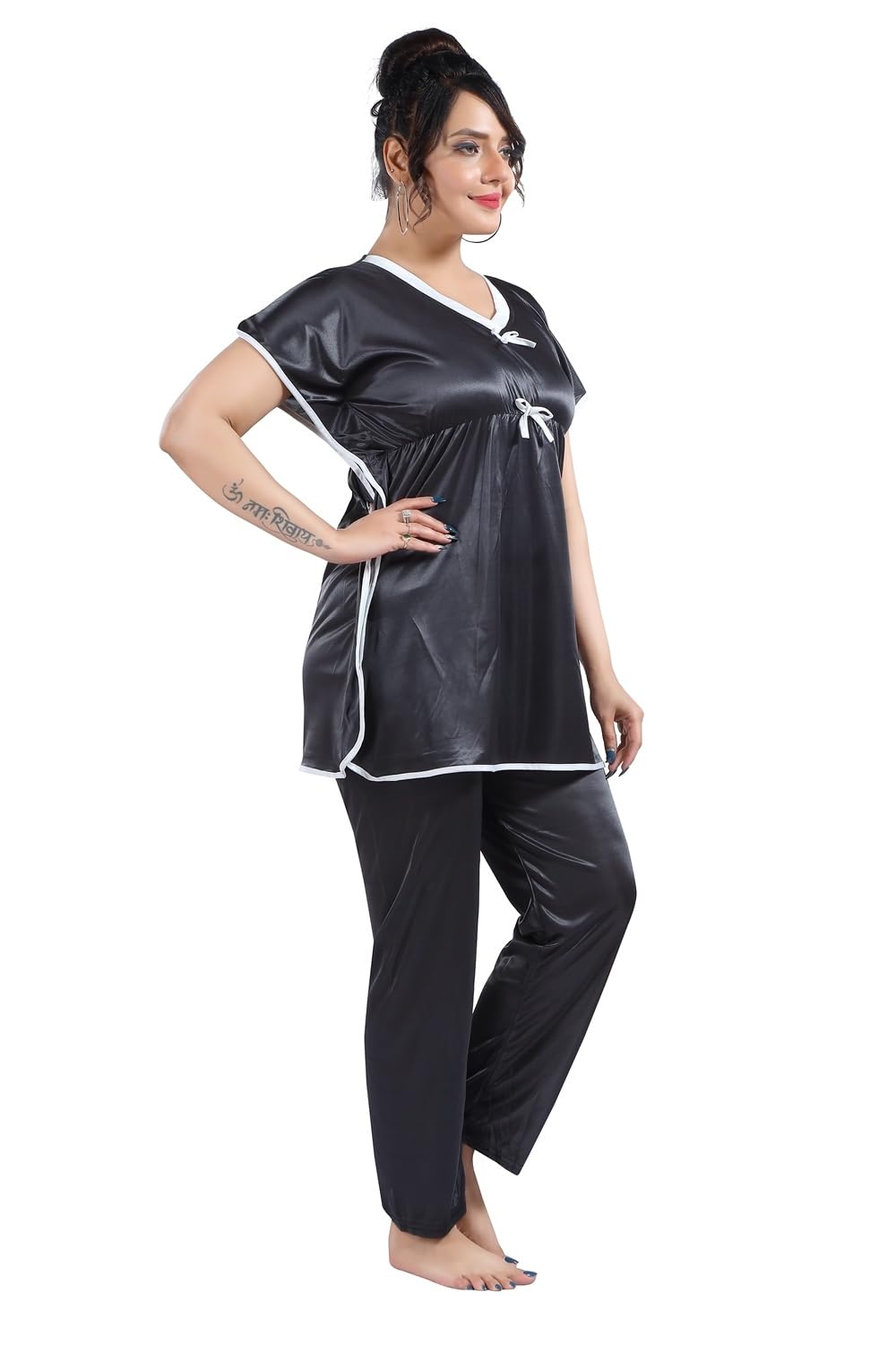 Fabme WomenS Satin Black Kaftan Top & Pyjama Set