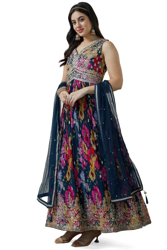Soch Womens Navy Blue Chinon Blend Botanical Print Alia Cut Gown
