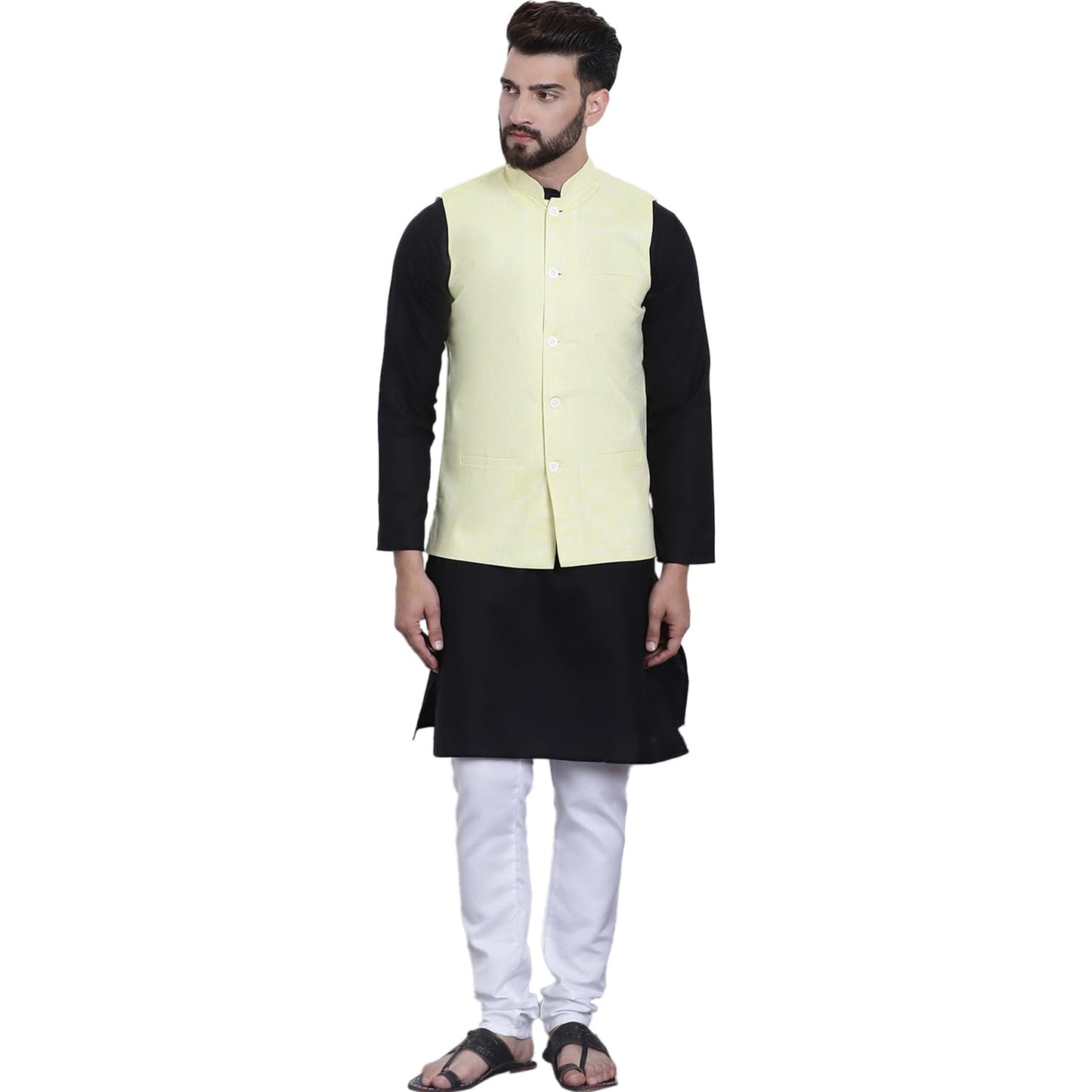 SOJANYA (Since 1958 Men's Black Kurta with white Pyjama & Yellow Nehrujacket Combo