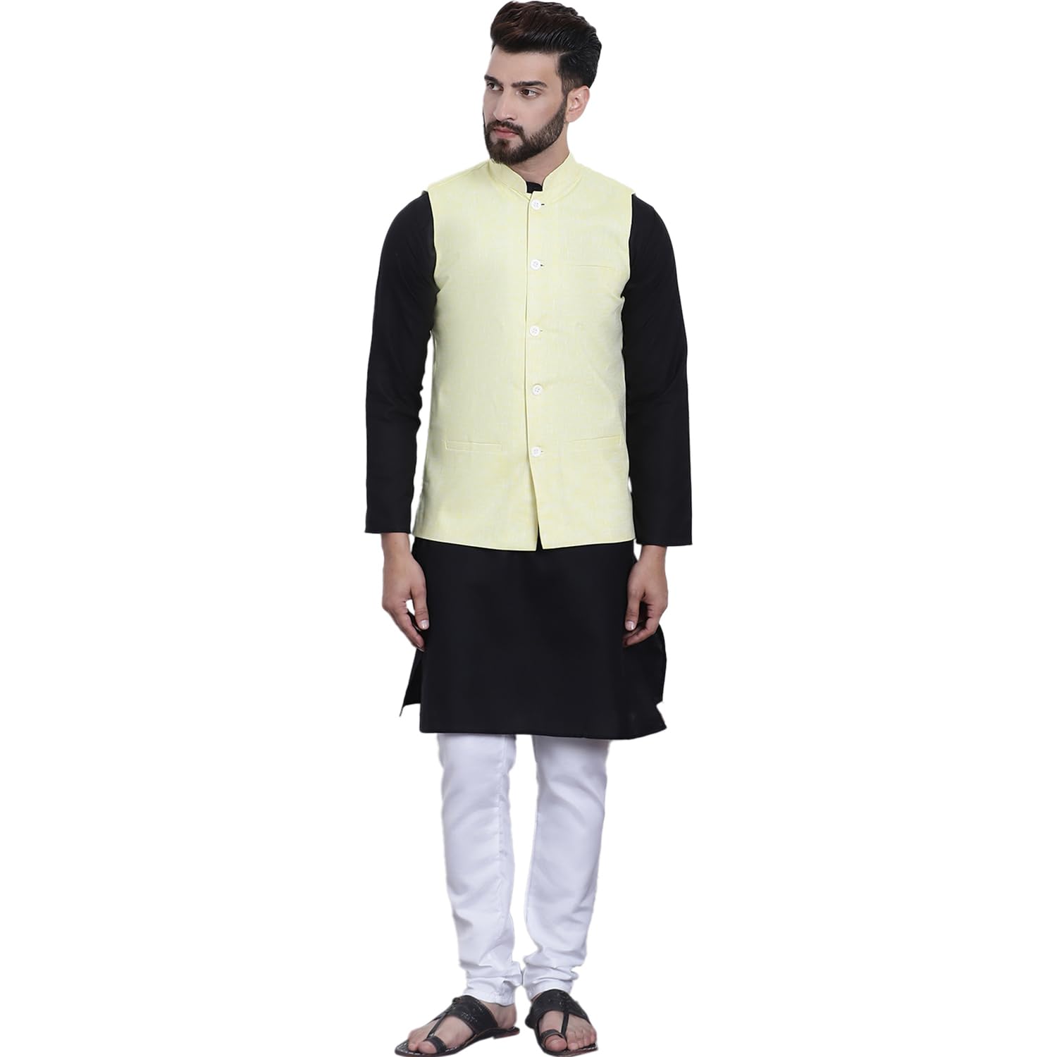 SOJANYA (Since 1958 Men's Black Kurta with white Pyjama & Yellow Nehrujacket Combo