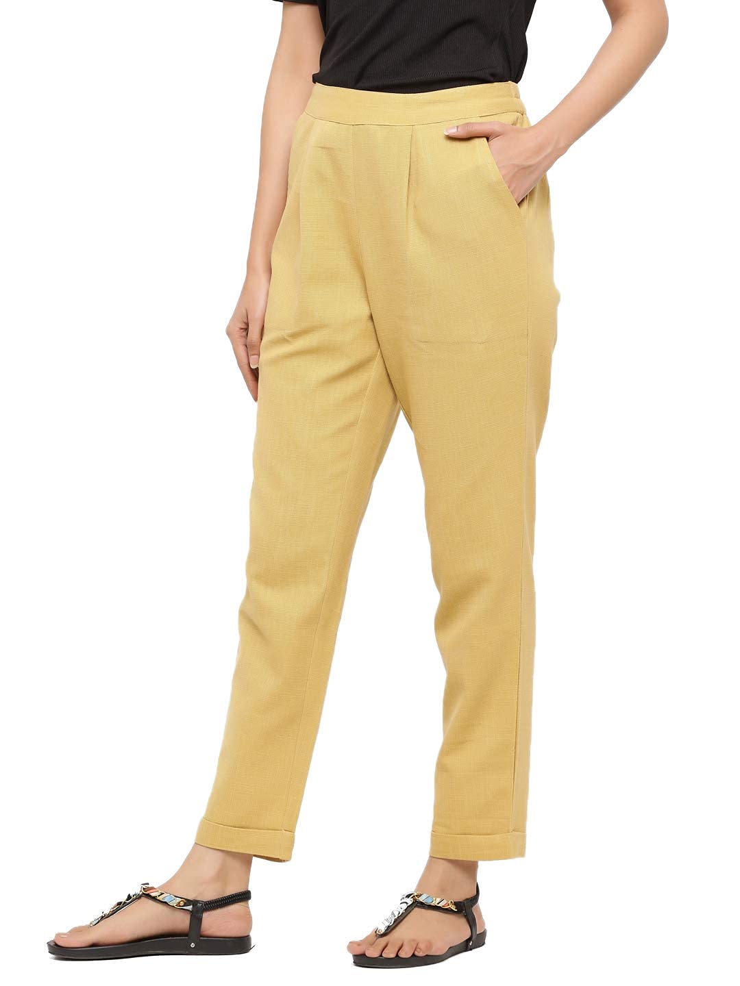 Digital Shopee Women Regular Fit Elastic Waist Full Length Cotton Formal Trouser For Casual Wear, Office Wear Beige