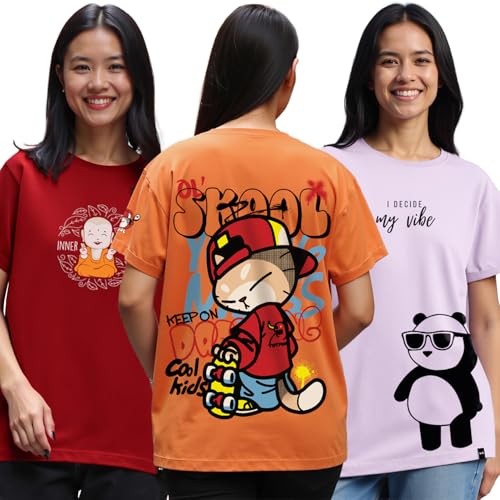Bewakoof Pack Of 3 WomenS Graphic Printed Boyfriend Fit Half Sleeve Round Neck Pure Cotton T-Shirt_694396_Red_L