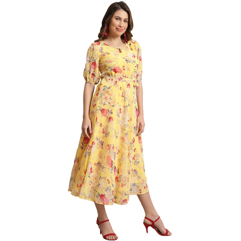 Preneum Women Dress Maxi Fit & Flare Latest Style Print Georgette Regular Sleeves Casual Summer Maxi Dress | Festival & Occasion