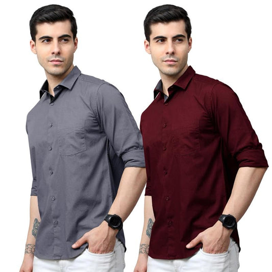 Tee Projekt Cotton Shirt For Men Ll Front Pocket Shirt Ll Stylish Long Sleeve Shirt Ll Soild Regular Fit (Pack Of 2) Grey-Maroon