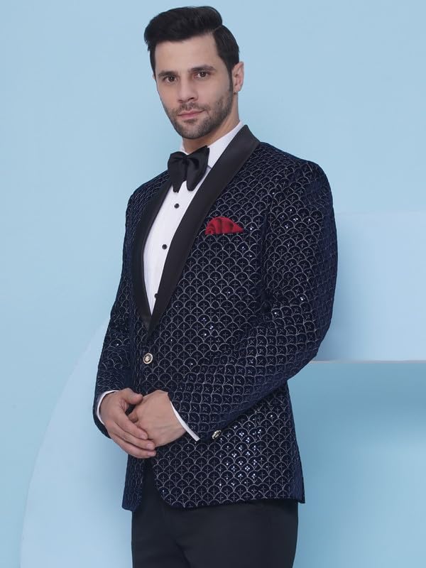 Favoroski Wedding Sequence Blazers For Men | Blue Embroidered Velvet Blazer | Relaxed Fit Blazer For Men Wedding Party | Ethnic