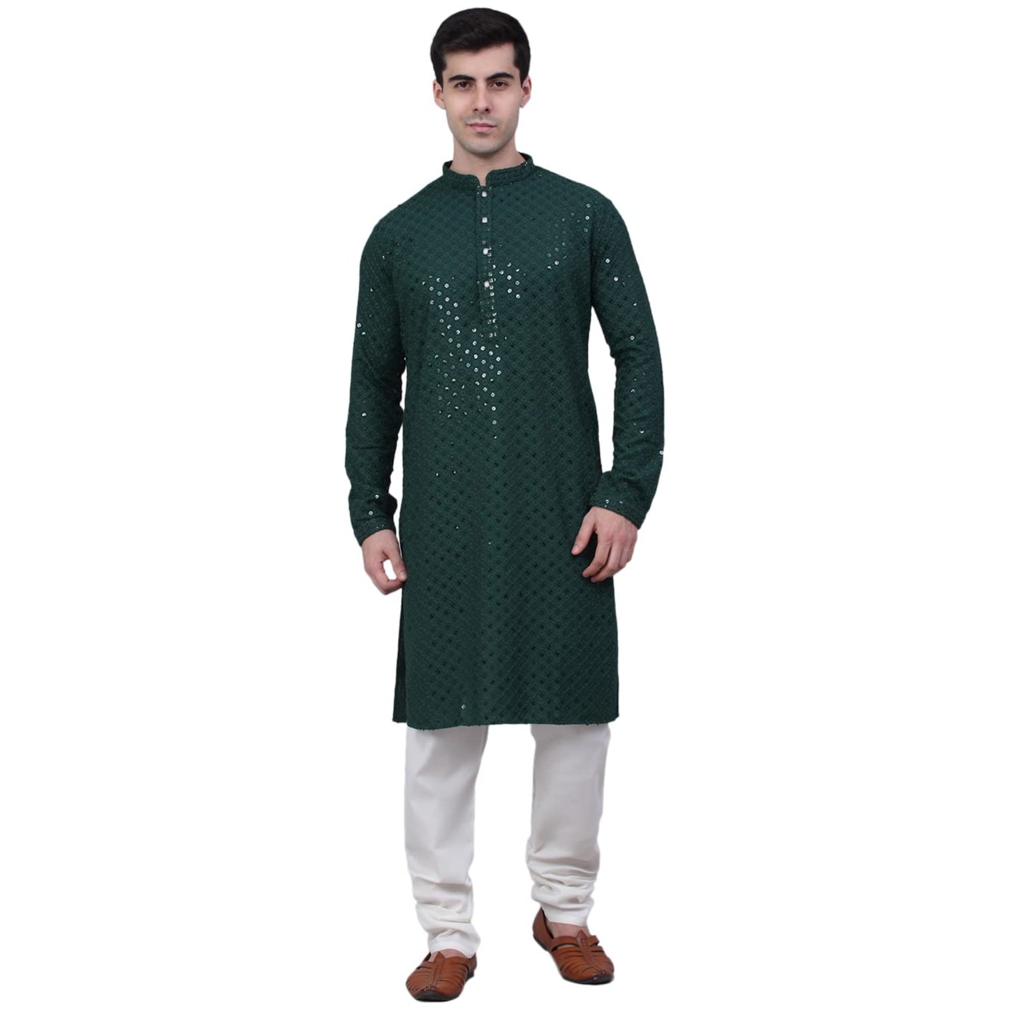 Jompers Mens Cotton Chikankari Embroidered And Sequins Classic Kurta Churidar Set