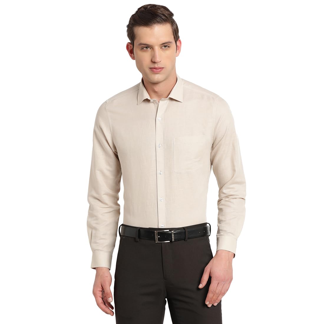 Turtle Men Cotton Linen Slim Fit Solid Full Sleeve Formal Shirt Beige