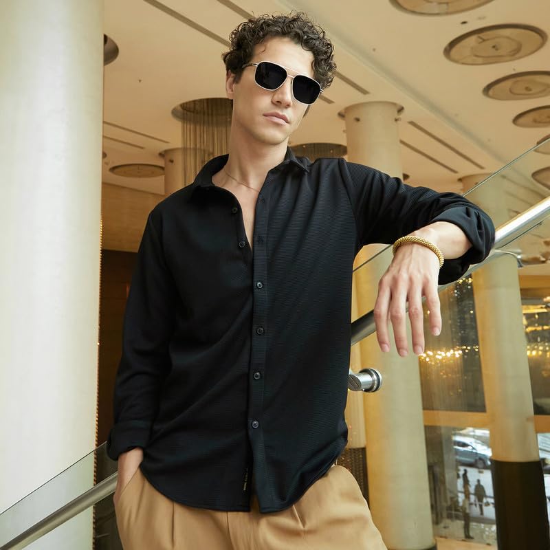 Campus Sutra Mens Midnight Black Waffle-Textured Shirt for Casual Wear | Spread Collar | Long Sleeve | Button Closure | Shirt C