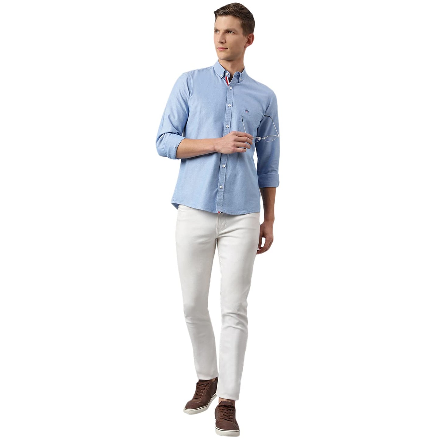 Thomas Scott Mens Solid Slim Fit 100% Cotton Casual Shirt with Button Down Collar and Full Sleeve Oxford Blue