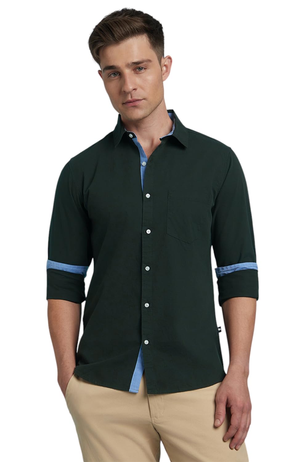 Dennis Lingo Men Solid Spread Collar Full Sleeves Regular Fit Casual Shirt Bottle Green
