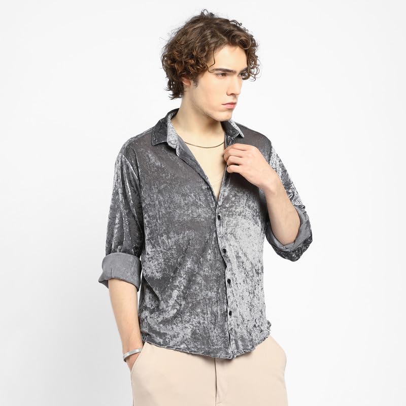 Campus Sutra Mens Moon Grey Solid Velvet Shirt for Casual Wear | Spread Collar | Long Sleeve | Button Closure | Shirt Crafted w