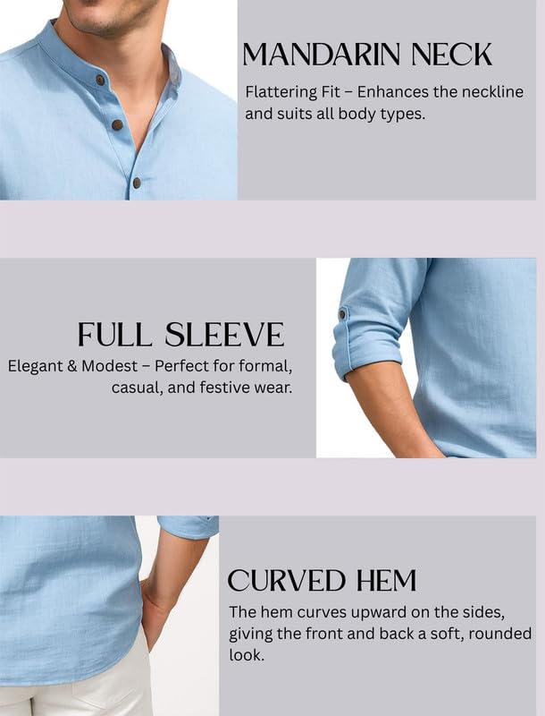 Deelmo MenS Cotton Blend Solid Regular Fit Full Sleeve Short Kurta | MenS Trendy Short Kurta Sky