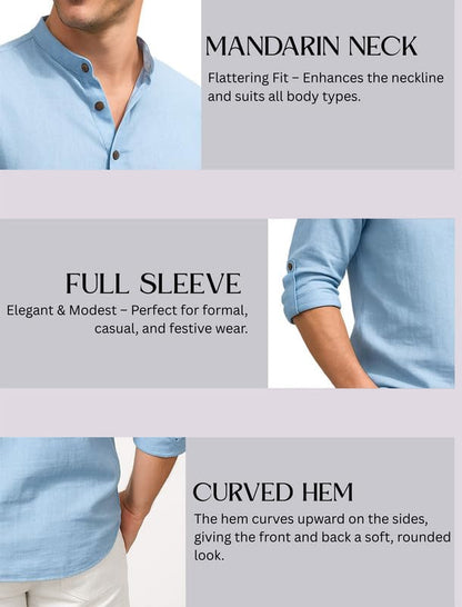 Deelmo MenS Cotton Blend Solid Regular Fit Full Sleeve Short Kurta | MenS Trendy Short Kurta Sky