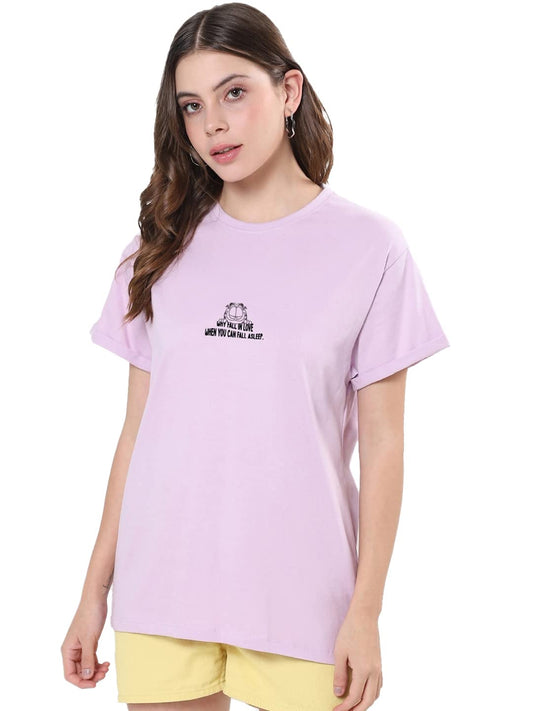 Bewakoof Womens Why Fall in Love Graphic Print Cotton T-Shirt- Loose Fit, Round Neck, Half Sleeves 578838_Purple_XS