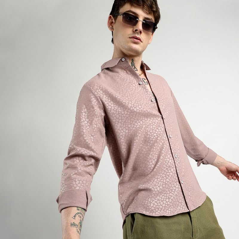 Campus Sutra Mens Nude Pink Pavement Shirt for Casual Wear | Spread Collar | Long Sleeve | Button Closure | Shirt Crafted with