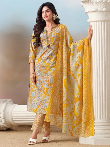 Varanga floral printed Kurta with mirror detailing paired with printed trouser and dupatta.