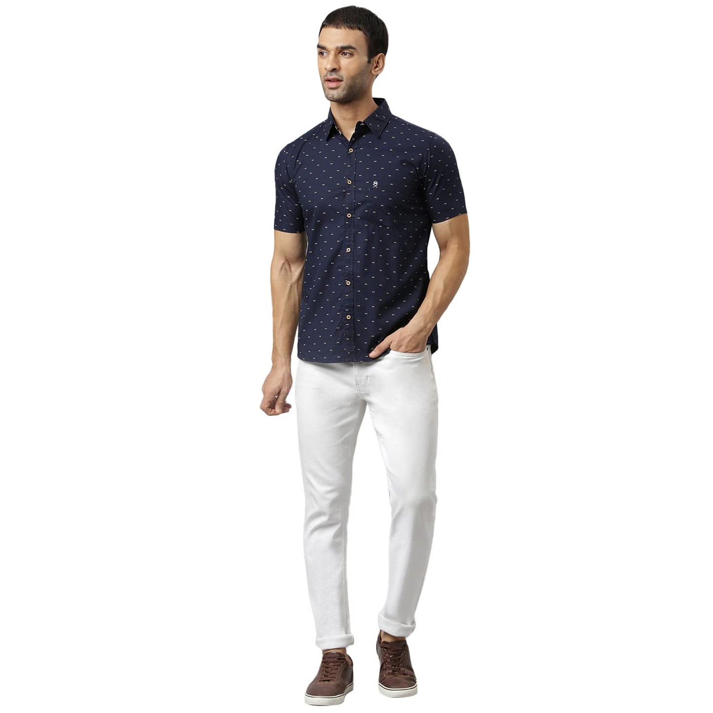 Thomas Scott Mens Printed Slim Fit 100% Cotton Casual Shirt with Half Sleeve Deep Navy
