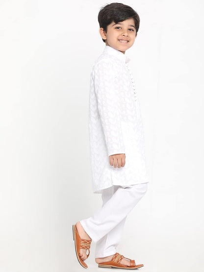 Vastramay Boys Cotton Kurta Pyjama Set With Lucknowi Chikankari Embroidery, Full Sleeves & Mandarin Collar  Perfect For Festive