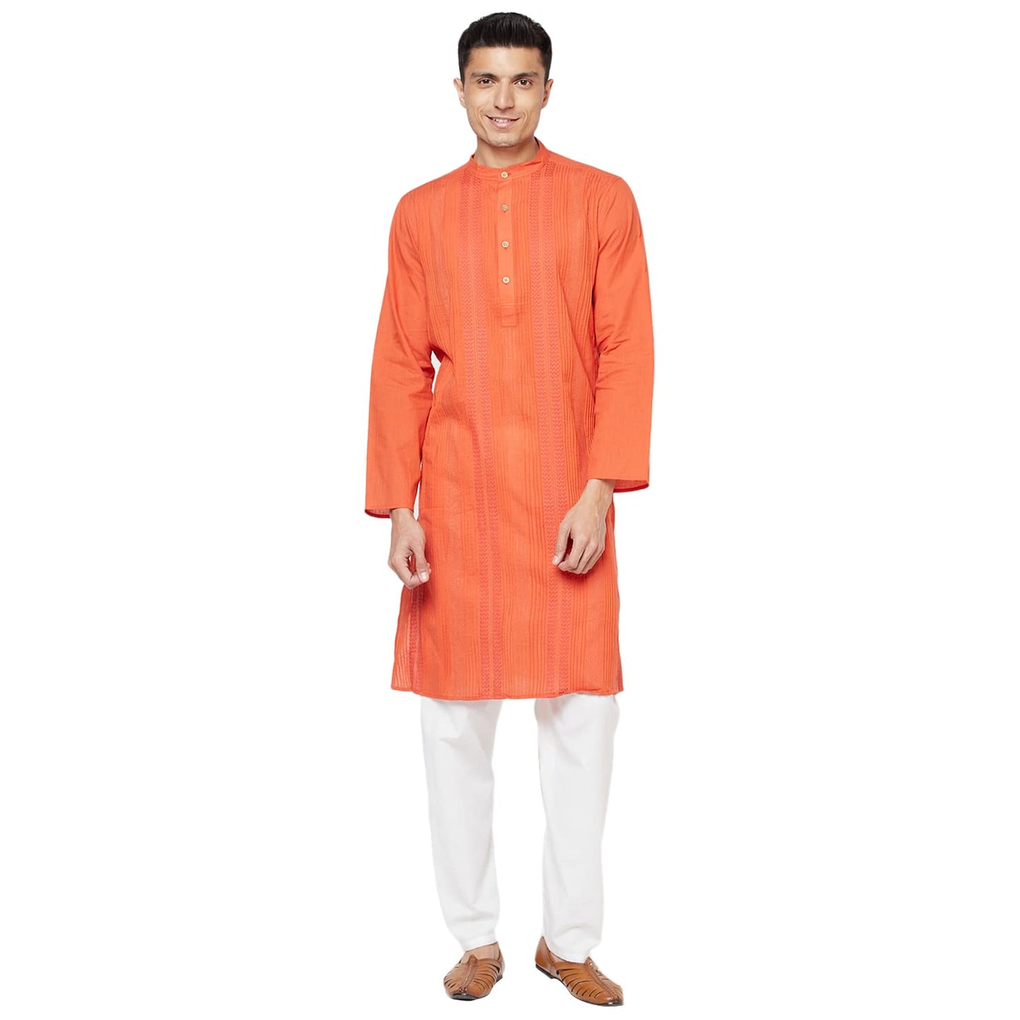 Fabindia MenS Cotton Pintucks Comfort Kurta_Orange_M
