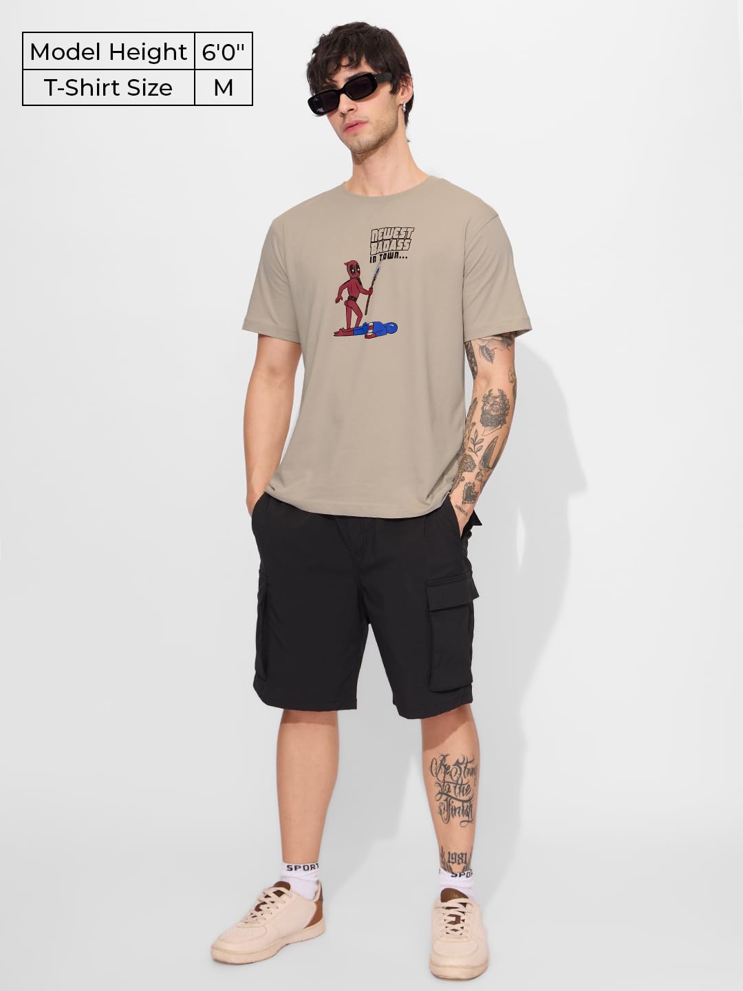 The Souled Store Official Deadpool: Newest Badass Men and Boys Short Sleeves Round Neck Brown Graphic Printed Regular Fit Cotton
