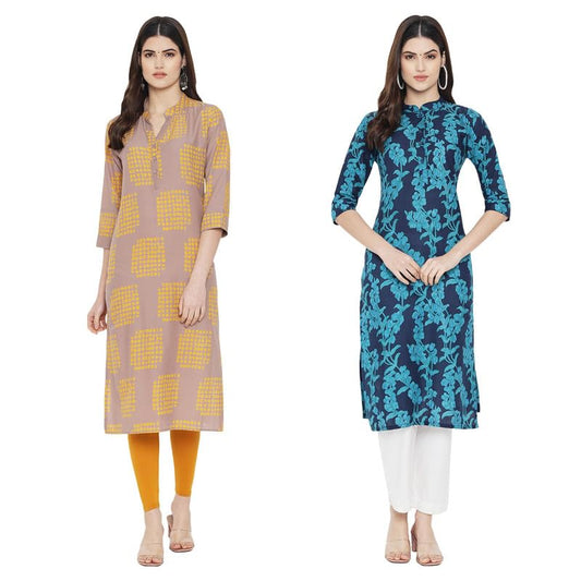 Pinkmint Women Cotton Printed Kurta Stylish Regulr Fit GirlS Combo Kurta Ll Regular Fit Combo Kurta (Pack Of 2) Orange-Blue
