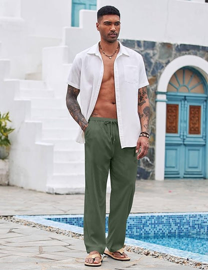 CB-COLEBROOK Mens Casual Linen Pants Elastic Waist Pants Drawstring Summer Beach Yoga Linen Trouser | Loose Fit Track Pants (in,