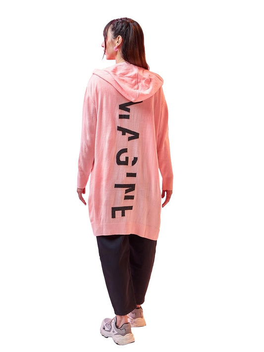 Bewakoof WomenS Typography Super Loose Fit Full Sleeve Hooded Acrylic Flatknit Sweater_597191_Pink_2Xl