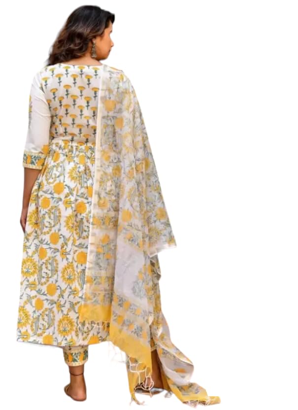 Fashion Basket Women's Cotton Printed White & Yellow Anarkali Kurta with Dupatta