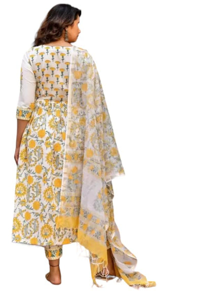 Fashion Basket Women's Cotton Printed White & Yellow Anarkali Kurta with Dupatta