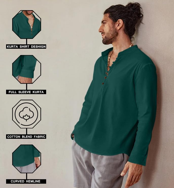 ROYALSCOUT Mens Cotton Solid Full Sleeve Short Kurta Shirt Green