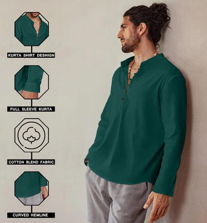 ROYALSCOUT Mens Cotton Solid Full Sleeve Short Kurta Shirt Green