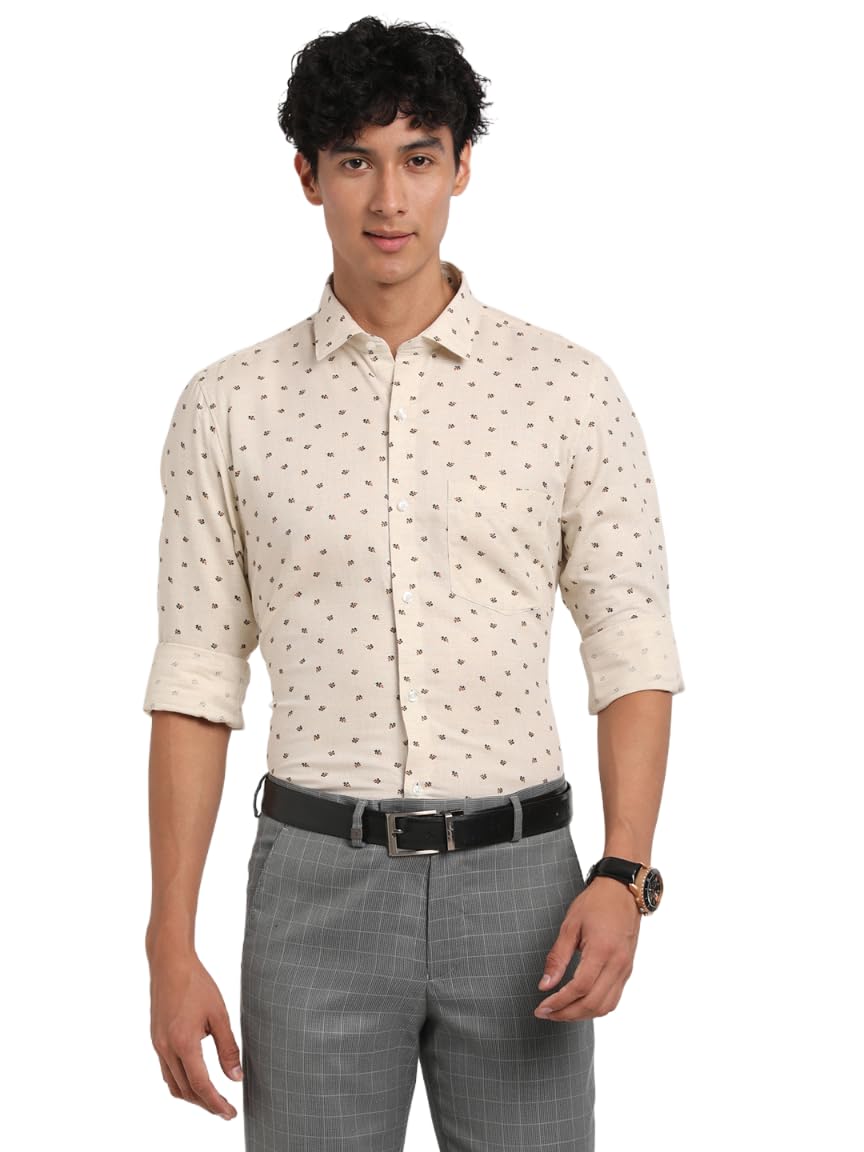 Turtle Men Cotton Linen Beige Printed Slim Fit Formal Shirt