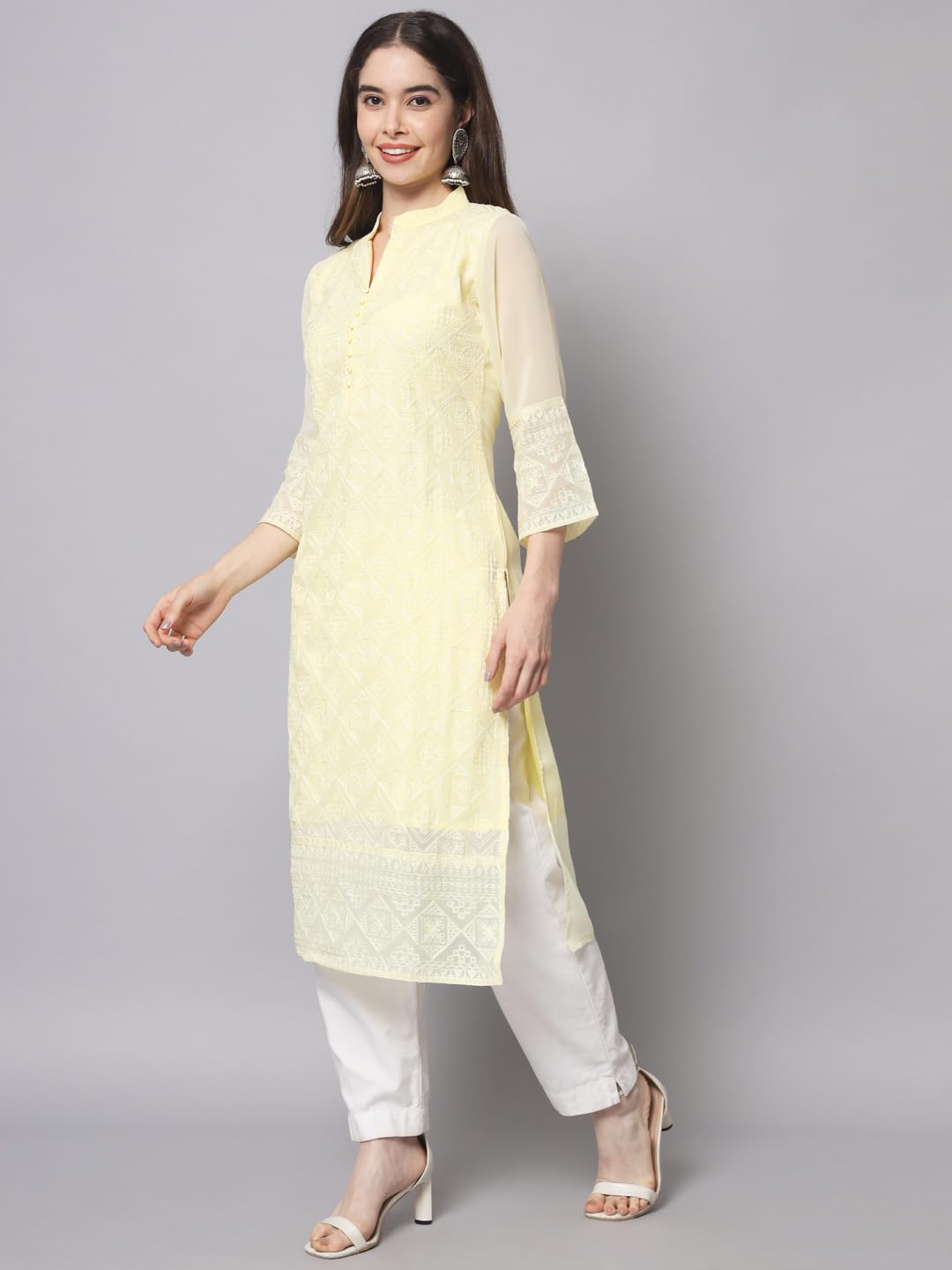 Ekasya WomenS Georgette Straight Cut Notch Neck Kurta With Beautiful Embroidery Work (E1547) Yellow