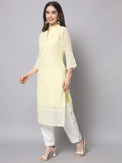Ekasya WomenS Georgette Straight Cut Notch Neck Kurta With Beautiful Embroidery Work (E1547) Yellow