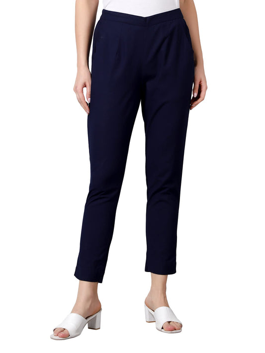Idalia Navy Blue Solid Cotton Trouser For Women Formal Trousers With 2 Pocket Fusion Wear Trouser Pants For Ladies
