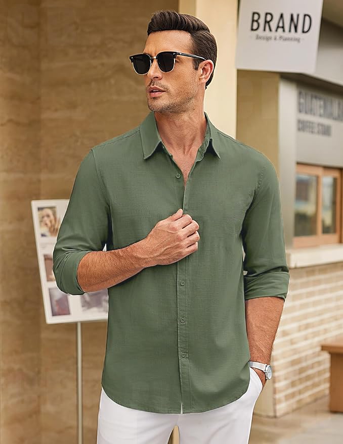CB-COLEBROOK Mens Long Sleeve Button Down Shirts Casual Cotton Linen Shirts Summer Beach Shirt for Mens Top (in, Alpha, 2XL, Re
