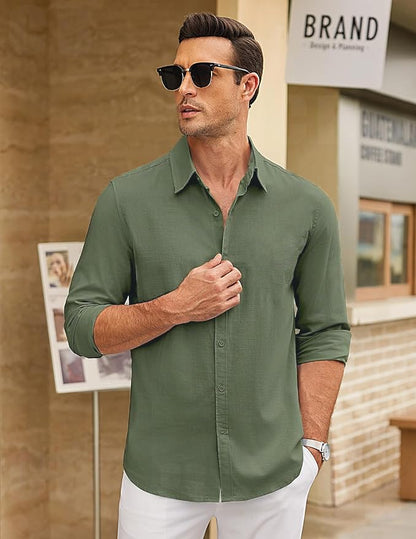 CB-COLEBROOK Mens Long Sleeve Button Down Shirts Casual Cotton Linen Shirts Summer Beach Shirt for Mens Top (in, Alpha, L, Regu