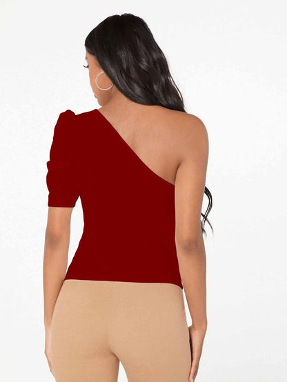 Shasmi Womens & Girls Maroon Short Puff Sleeve, One Shoulder Neck, Ruched Bust Solid Tops for Women/Tops, T-Shirts for Girls (
