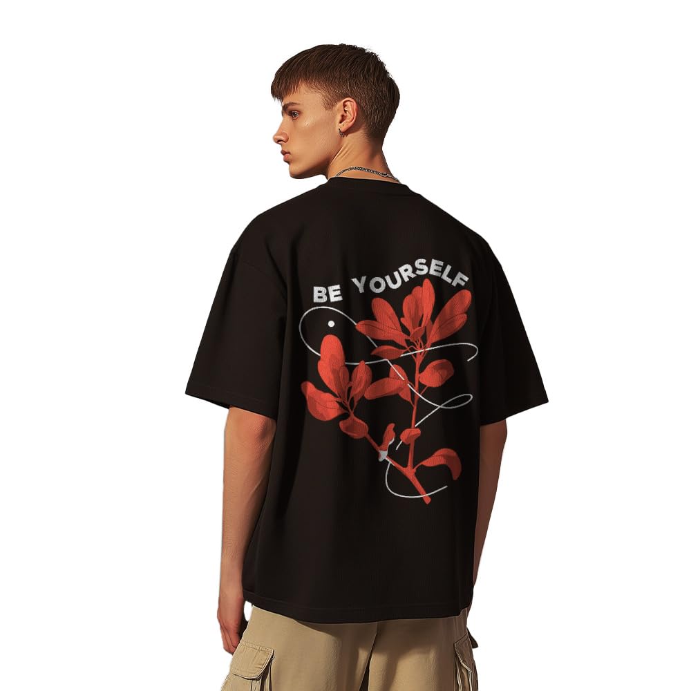 Nobero MenS Graphic Print Oversized Fit T-Shirt (1M-Twrt-C1018-Bl_Be Yourself-Black